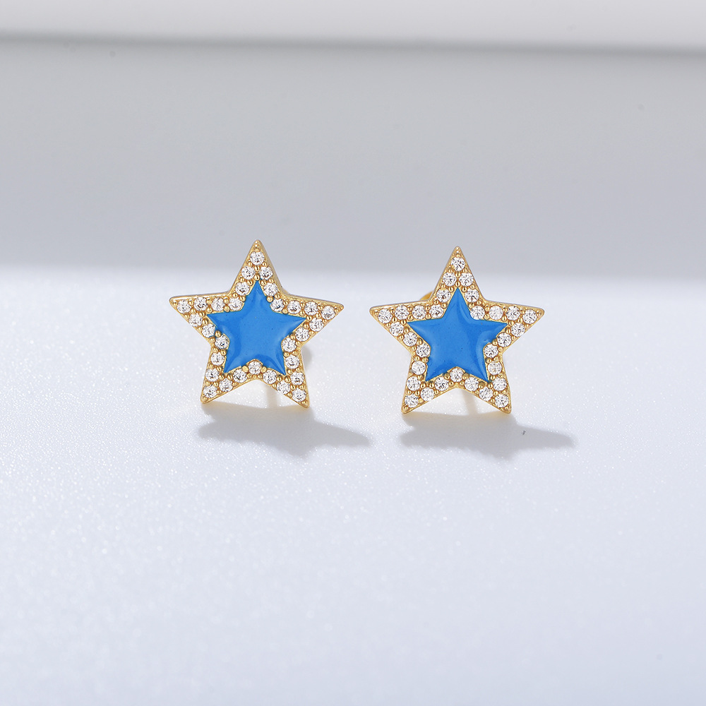 S925 plata esterlina micro incrustaciones ZIRCON epoxi estrella de cinco puntas pendientes hembra europea y americana transfronteriza nueva estrella de diamantes pendientes