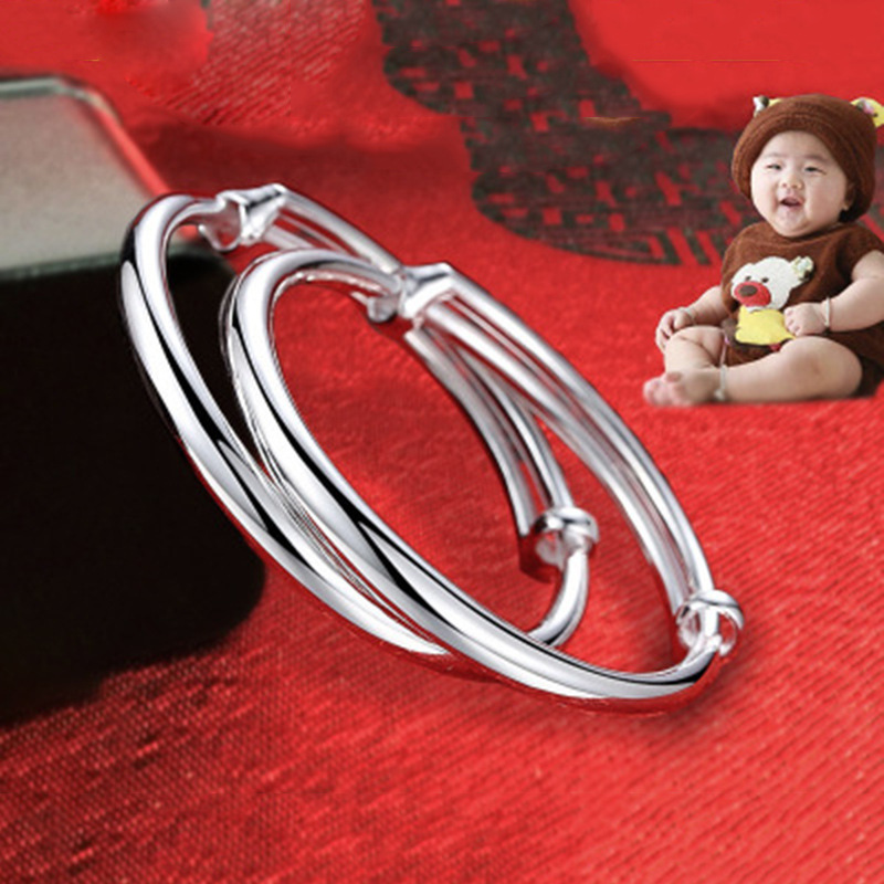 Baby Bracelet Foot Ring Smoothed Push-Pull Children Full Moon Silver Plated Children Male and Female Children One Year Old Baby Gift Traditional Round Tube