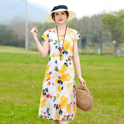 2025 New Plus Size Pure Cotton Silk Dress for Women 40-50 Years Old, Mother's Summer Outfit Artificial Cotton Skirt