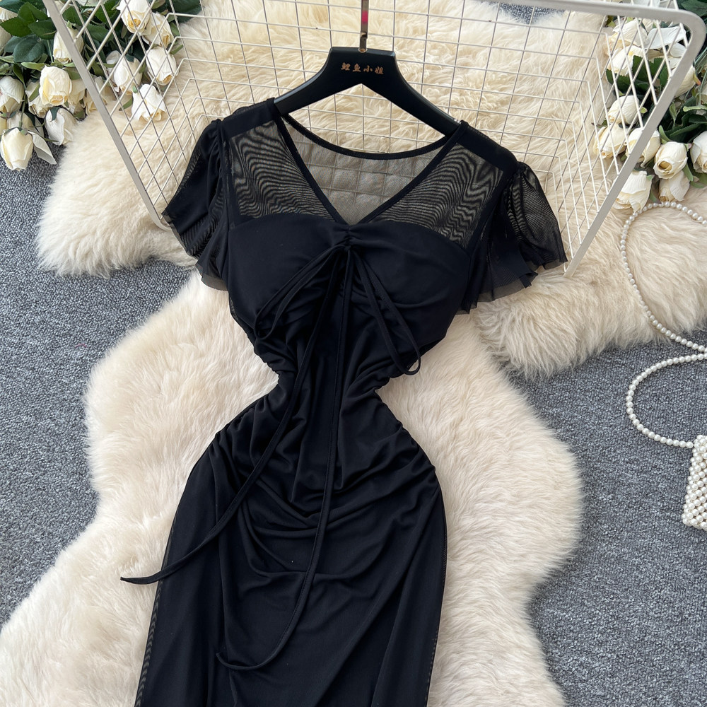 Elegant Red Short Sleeved Dress for Women Korean Style Pleated A-Line Long Skirt Sophisticated Flattering Slimming Work Dress_ecoleips.com