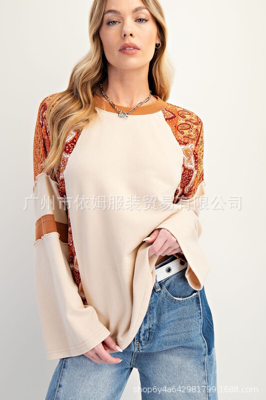 Amazon 25 秋の新作クロスボーダーヨーロッパとアメリカの服プリントパッチスプライシングスウェットシャツプルオーバーラウンドネック長袖トップ|undefined