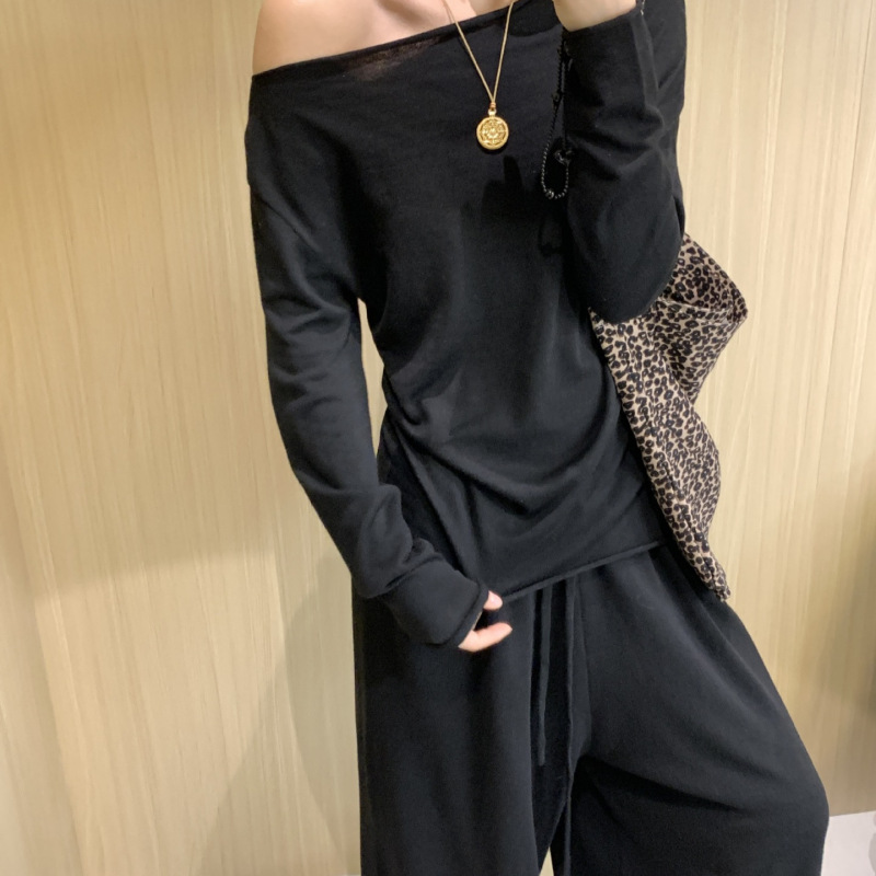 韩系简约慵懒风一字肩套头上衣女针织花苞裤早秋两件套装休闲套装|undefined