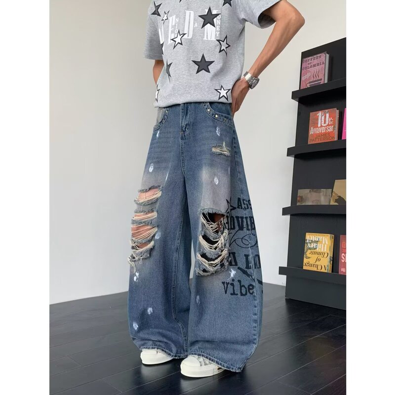 BeerBro "Celebrity Style" Punk Ripped Ink-Splattered Print Distressed Loose Slimming Wide-Leg Jeans BeerBro "Celebrity Style" Punk Ripped Ink-Splattered Print Distressed Loose Slimming Wide-Leg Jeans