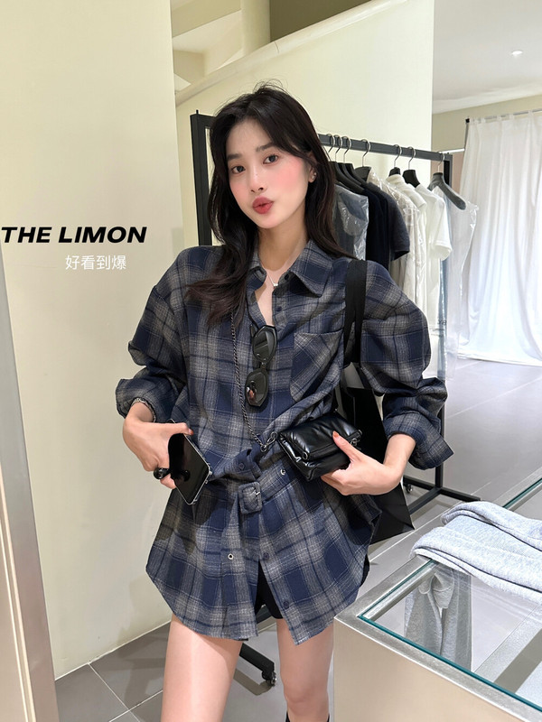 thelimon柠檬绿茶2025秋季复古设计感系带收腰磨毛格纹衬衫女上衣|undefined