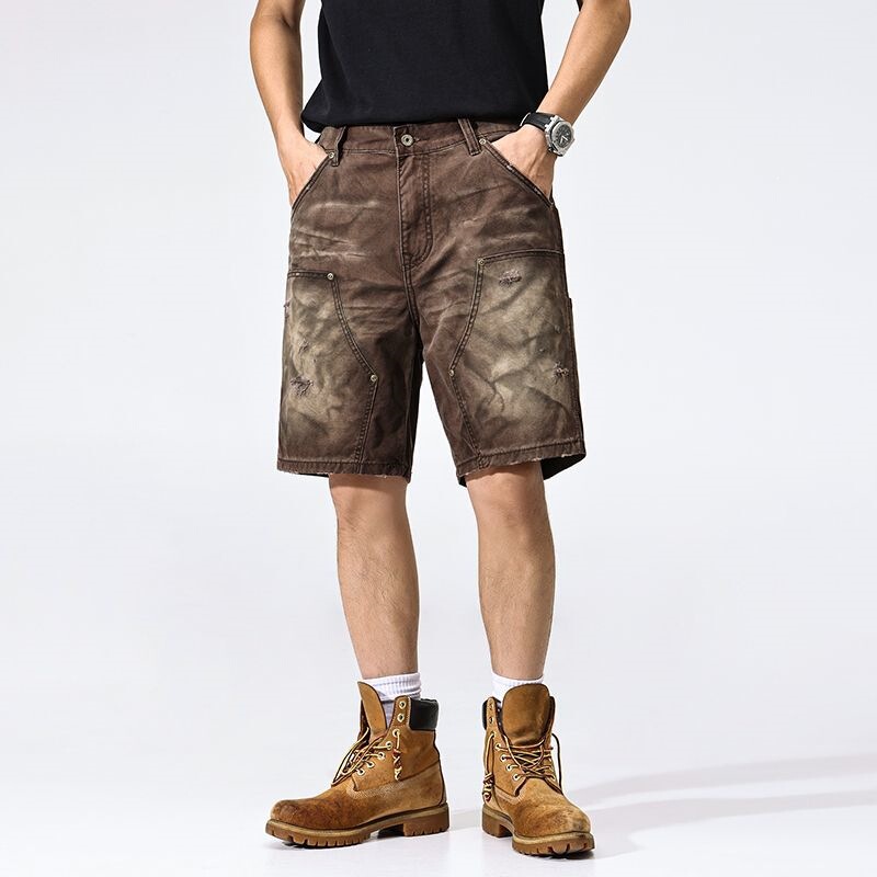 American-Style Trendy Brand Ripped Work Shorts for Men, Loose Straight-Leg Mid-Length Pants, Summer Thin Style, Cool and Stylish Five-Point Casual Shorts American-Style Trendy Brand Ripped Work Shorts for Men, Loose Straight-Leg Mid-Length Pants, Summer Thin Style, Cool and Stylish Five-Point Casual Shorts