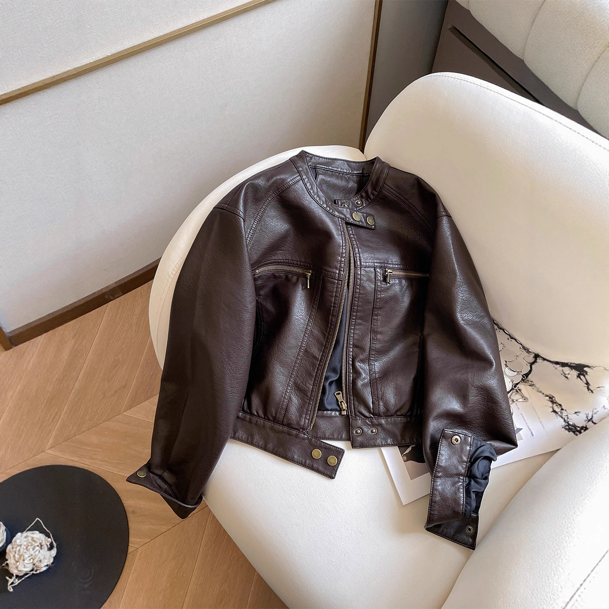 Melard Style Brown Leather Jacket for Women 2025 New Autumn Short Leather Jacket with Stand Collar for Petite Figures