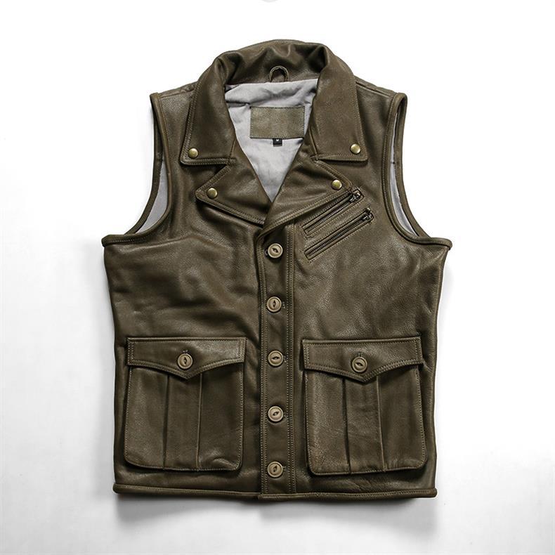 Description Picture 4 of item2024 New Spring Autumn Men's Casual Hunting Genuine Leather Sleeveless Coats Male Lapel Multi-pocket Thick Cowhide Vests
