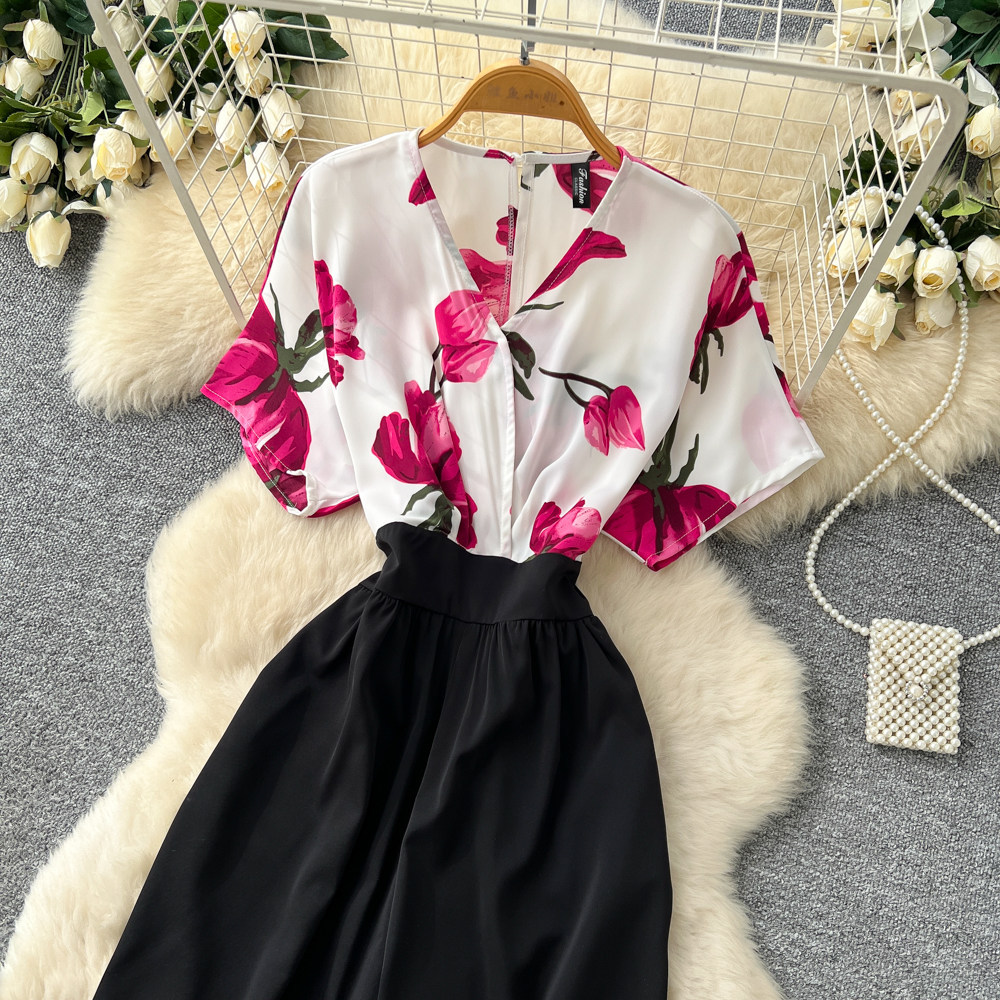 Korean Style Women's V Neck Jumpsuit High Waisted Wide Leg Pants Slimming Print Workwear Summer Elegant Long Romper_ecoleips.com