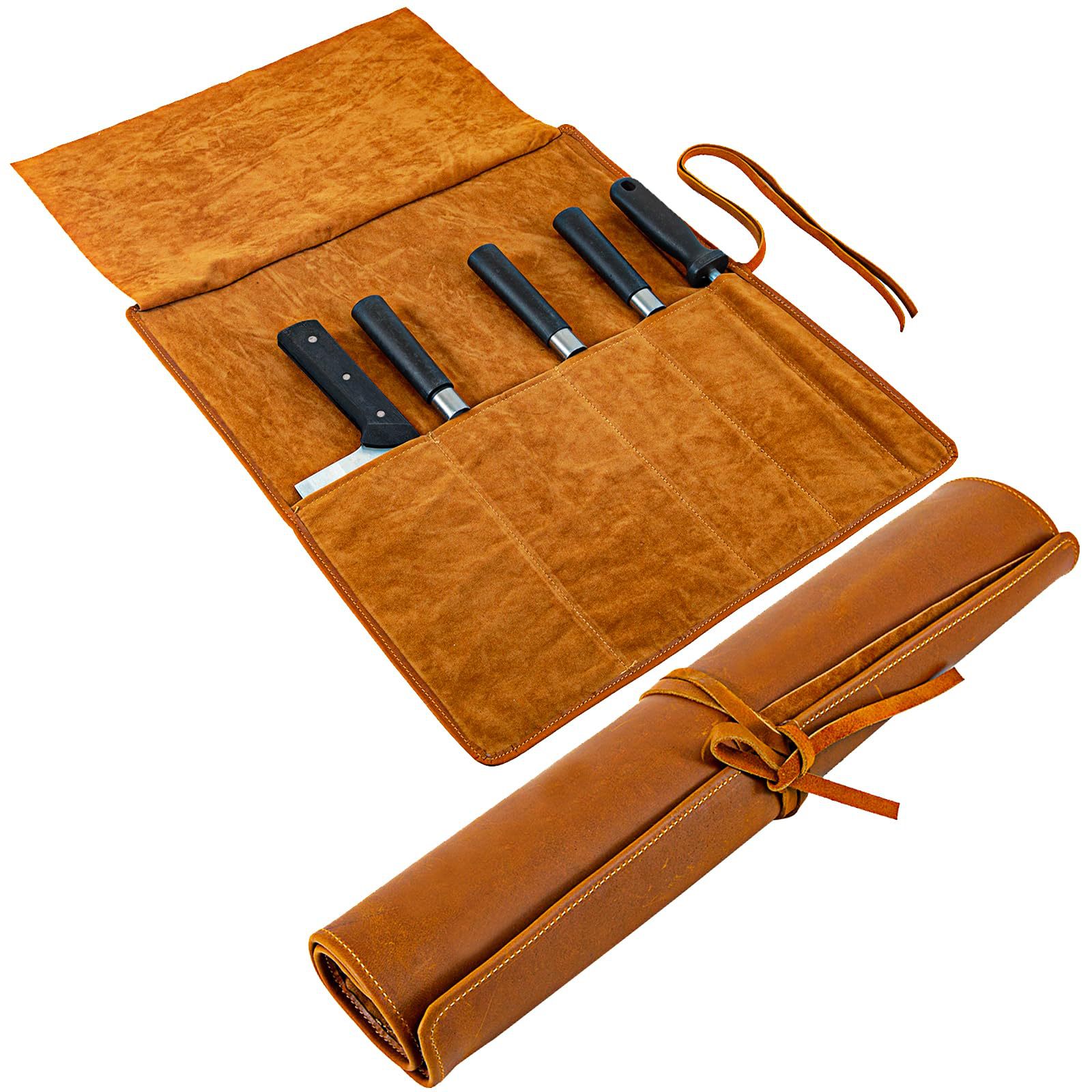 European and American style leather binding knife storage bag, portable ultra-fiber large-capacity kitchen knife protective leather sheath