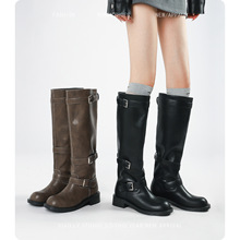 加绒复古双扣高筒西部长靴女骑士靴冬粗腿2025胖mm大筒围长筒靴子
