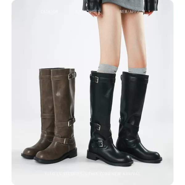 Fleece-Lined Retro Double-Buckle High-Tube Western Boots for Women, Winter Riding Boots for Wide Calves, 2026 Plus-Size Large Calf Circumference Long Boots