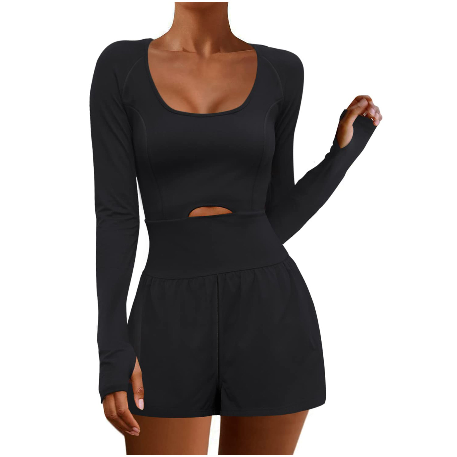 Transfronterizo europeo y americano sexy Hollow deportes ropa de mujer Amazon cintura-apretado moda manga larga al aire libre color sólido bolsillo mono