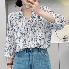 2026夏季青花瓷小碎花衬衫女七分袖夏季国风纯棉上衣别致减龄衬衣