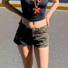 美式复古迷彩超短牛仔裤女辣妹低腰紧身显瘦直筒裤a字包臀热裤潮