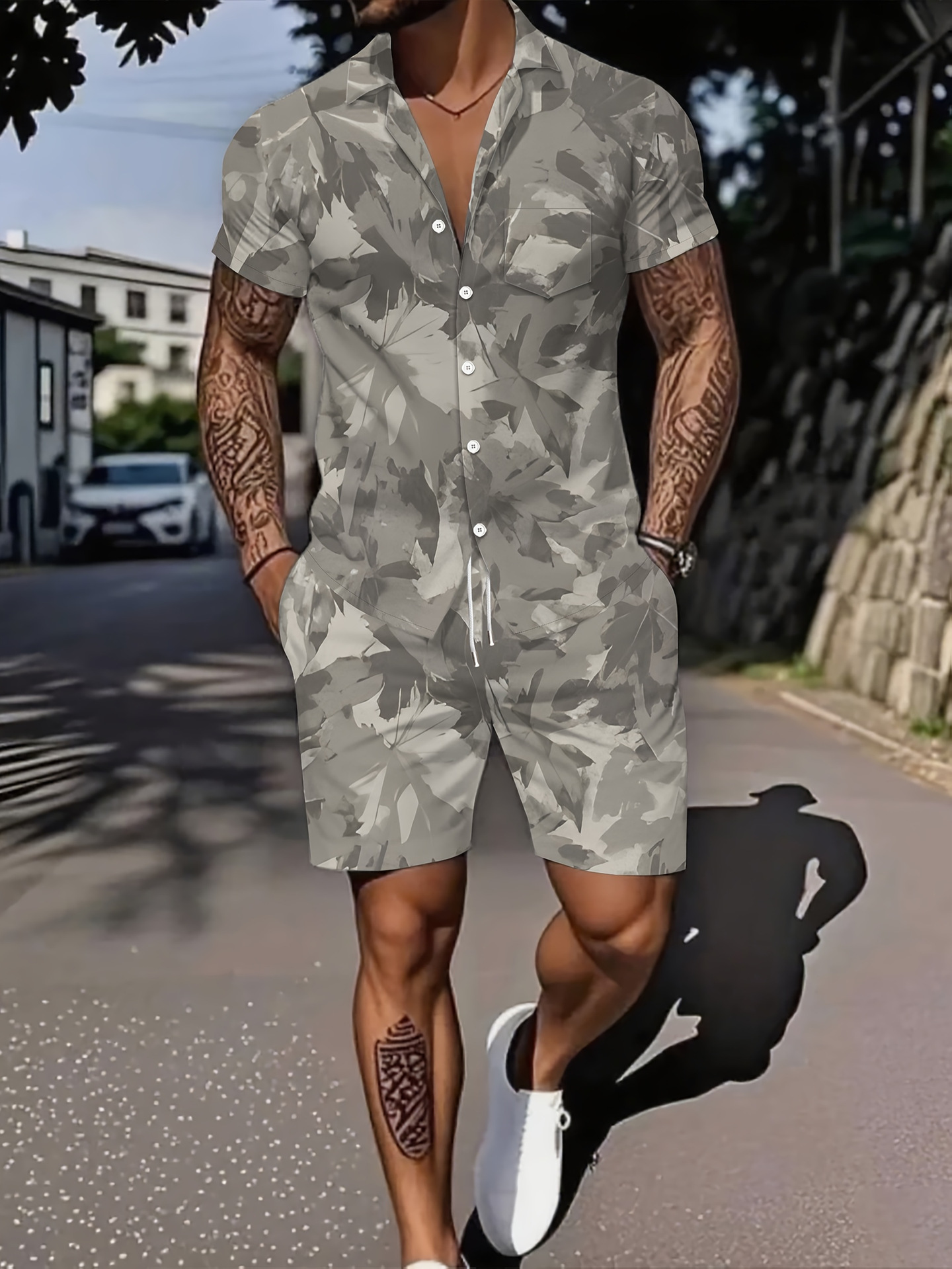 Ensemble deux pièces pour homme : chemise à manches courtes respirante et ample, imprimé lettres, style décontracté idéal pour l'été._voghion.com