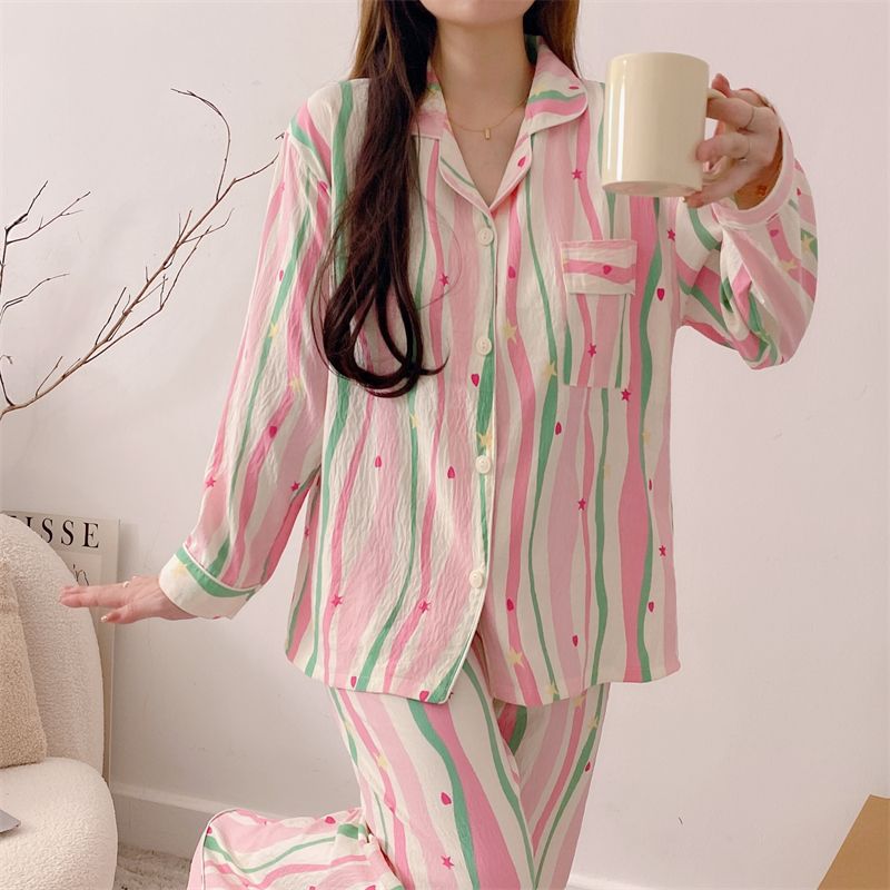 Trendy Cloud Cotton Pajamas for Women, Spring and Autumn Long-Sleeve Korean Style Internet Celebrity Lapel Cardigan Loungewear Set