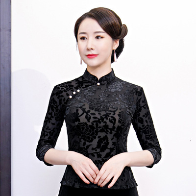Women tang suit black lace qipao tops chinese blouse tops qipao  outfit for lady