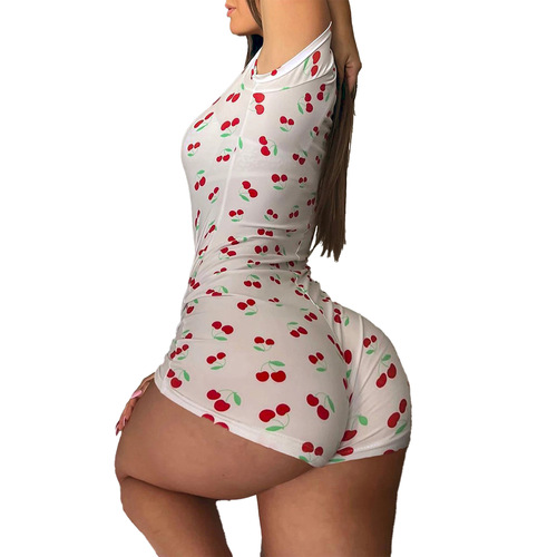 Summer Women's Cherry Print V-neck Single Button Slim Fit Basic Short Sleeve One-piece Shorts
