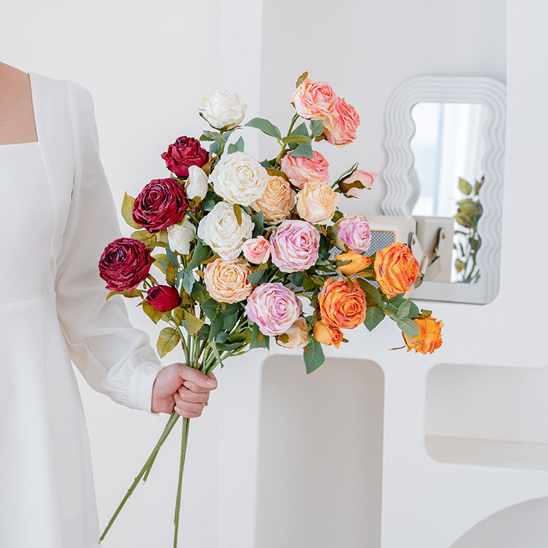 Long-stemmed baked edge 5-headed coral rose artificial flower bouquet home decoration flower wedding props cross-border decoration flower