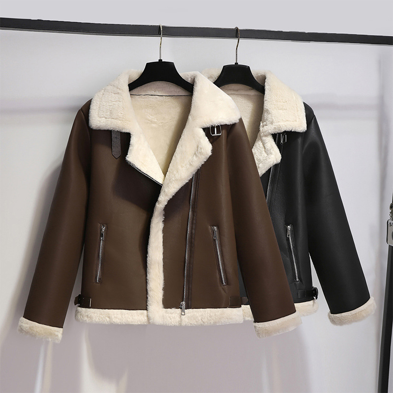 2025 New Autumn and Winter Velvet Thickeneded Pu Leather Fur One-Piece Short Outwear Women's Lamb Wool Motorcycle Jacket