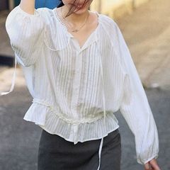 Lalgow 暗藏的浪漫   新款法式蕾丝压褶衬衫女秋休闲显瘦百搭上衣