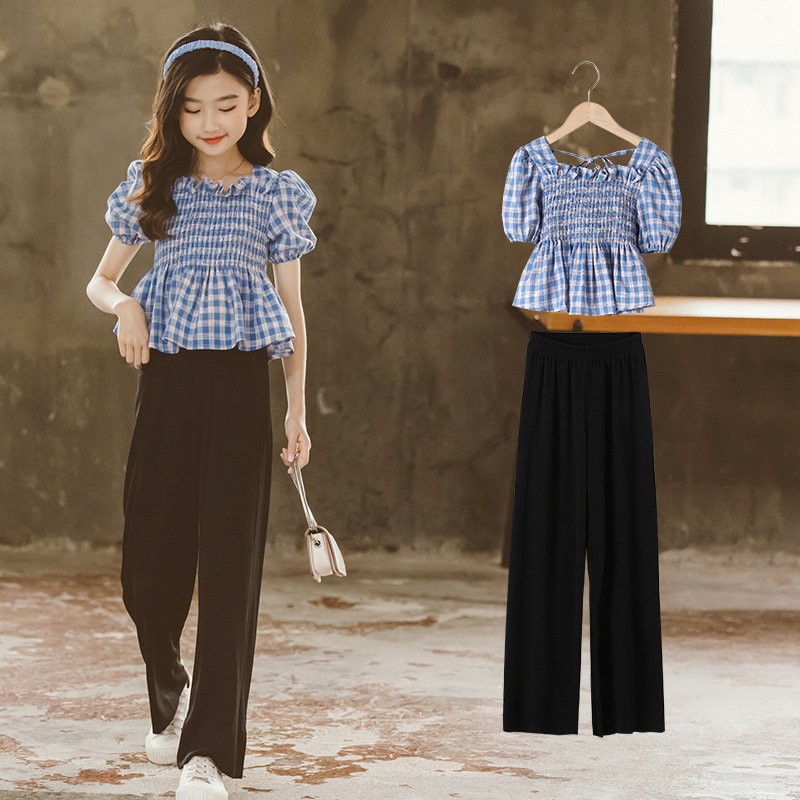 2021 girl summer new pattern French lattice square neck Short sleeved Bubble jacket Sweet Straight pants Two piece set