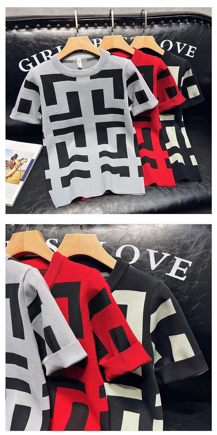 Spring And Autumn Hot-selling New Geometric Pattern Short-sleeved Men's Slim-fitting Casual Knitted Top T-shirt_viptrois.com