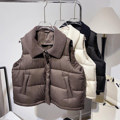 欧洲站羊羔毛领拼接羽绒棉马甲女外贸时尚宽松保暖外套棉背心短款
