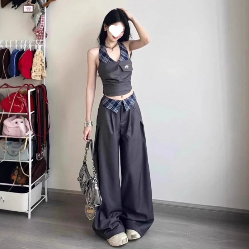 套装女2025夏季新款纯欲风辣妹设计感拼接挂脖无袖上衣高腰阔腿裤|undefined