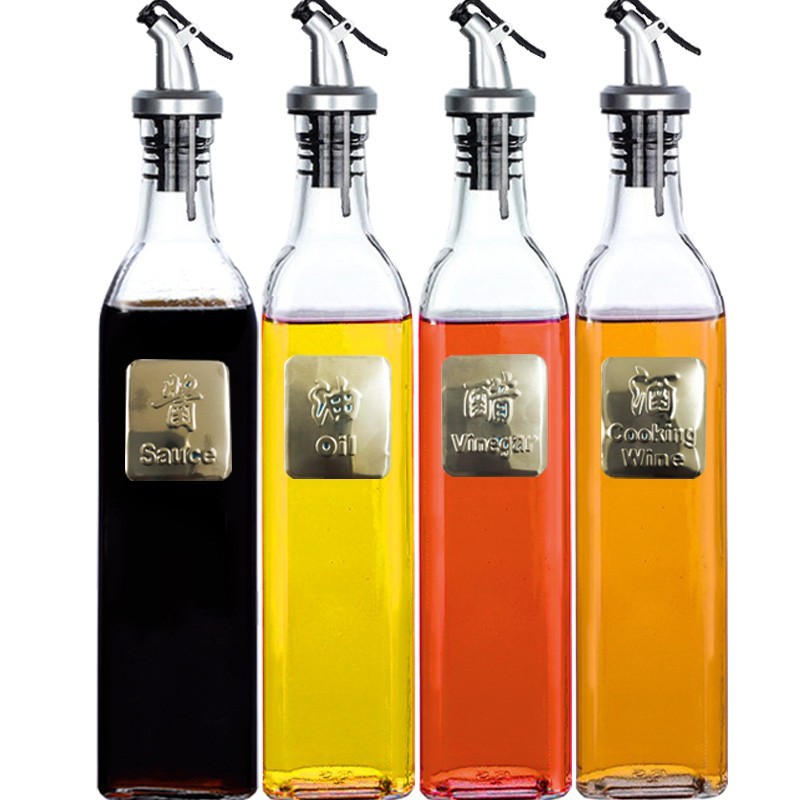 간장, 식초, 술 명판, 무료 깔때기가 포함된 유리 500ml 사각 오일 병 4개