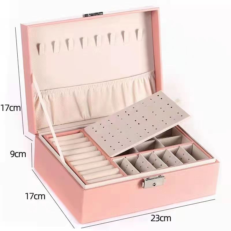 Wholesale New Large Capacity Double Layer with Lock Jewellery Box Pink Flannel Necklace Jewelry Wooden Jewelry Box