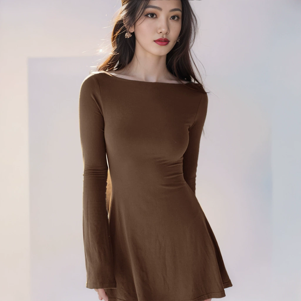 W183DS Европа и США Spice Girl 2024 осень новая сплошная мода с круглым вырезом с длинными рукавами тонкая бедра короткое платье