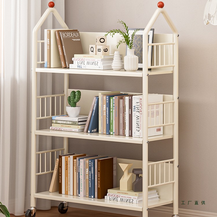 Bookshelf Floor-Standing Storage Rack Removable Wheeled Household Simple Trolley Reading Storage Rack Iron Children's Small Bookcase