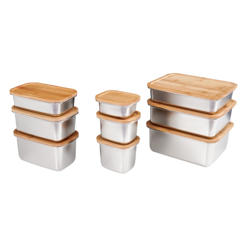 Caja de almuerzo de tapa de bambú de acero inoxidable 304 sellada al aire libre caja de Bento tapa de madera caja de mantenimiento fresco japonés caja de mantequilla de almacenamiento refrigerado