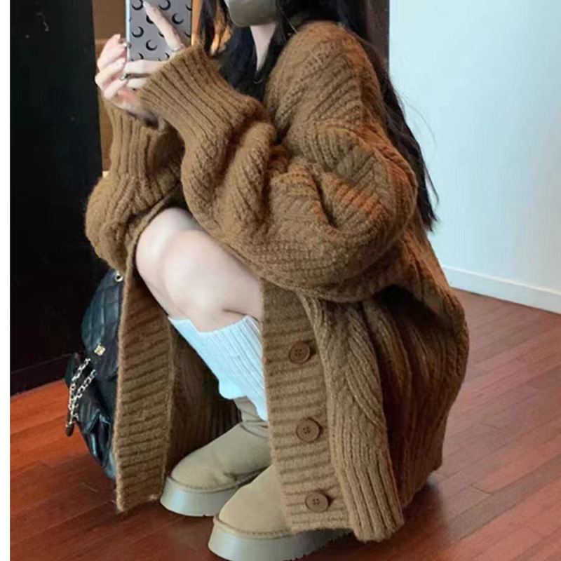 Nai Huhu Thick Brown Sweater Coat Women's Autumn and Winter Loose Lazy Wind Twist Vintage Knitted Cardigan Outer Wear Top Nai Huhu Thick Brown Sweater Coat Women's Autumn and Winter Loose Lazy Wind Twist Vintage Knitted Cardigan Outer Wear Top