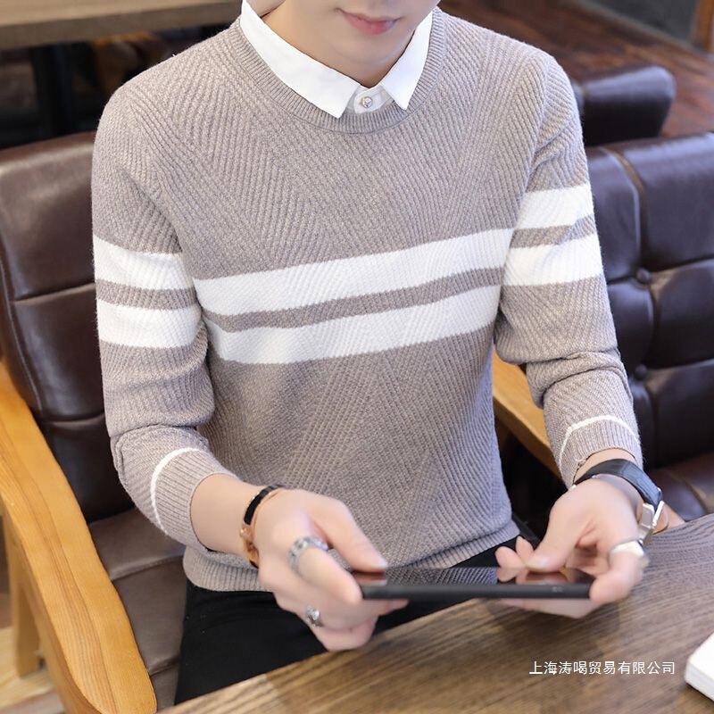 Men's Sweater Fake Two-Piece Spring & Fall New Korean Style Collared Knitwear Fleece-Lined Shirt Collar Autumn and Winter Thickeneded Knitwear