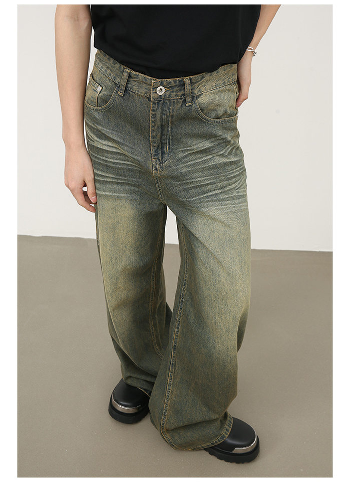 Quần jean nam ống rộng ống đứng dáng suông, vải denim giặt nước hiệu ứng râu mèo — Xanh cổ điển chi tiết 11