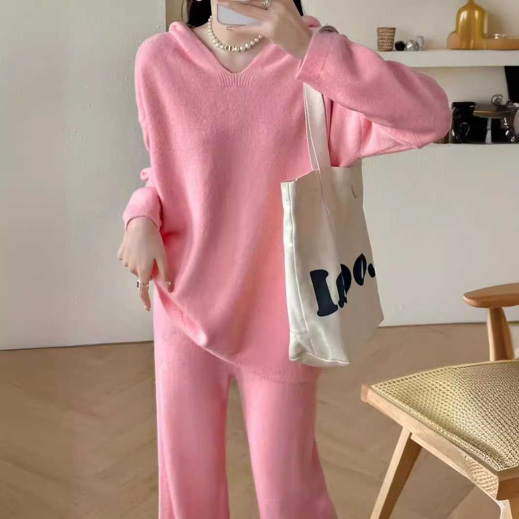 Pantaloni larghi a gamba larga in maglia alla moda casual coreana per le donne autunno e inverno nuovo articolo maglione con cappuccio di colore solido_voghion.com