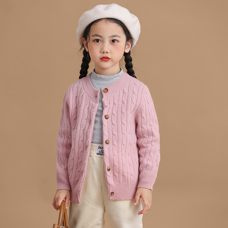 男女子供100% 純ウールクラシックレトロ麻花ニットカーディガン厚手丸襟純色洋気セーター潮