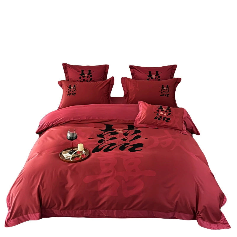 Elite cotton set, red bedspread, 4 piece set, with embroidery