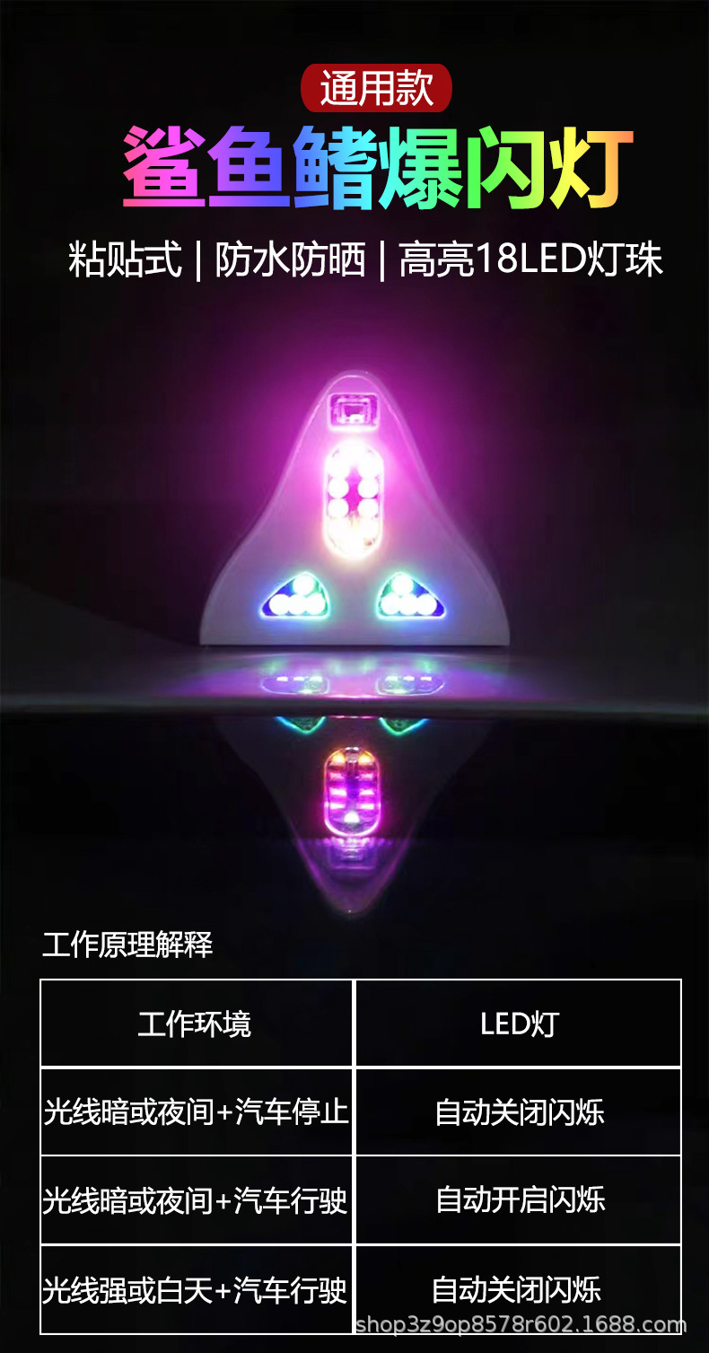 Car Solar Shark Fin Antenna Flash Lamp Remote Control Body Decoration Replaces Original Shark Fin Roof and Tail