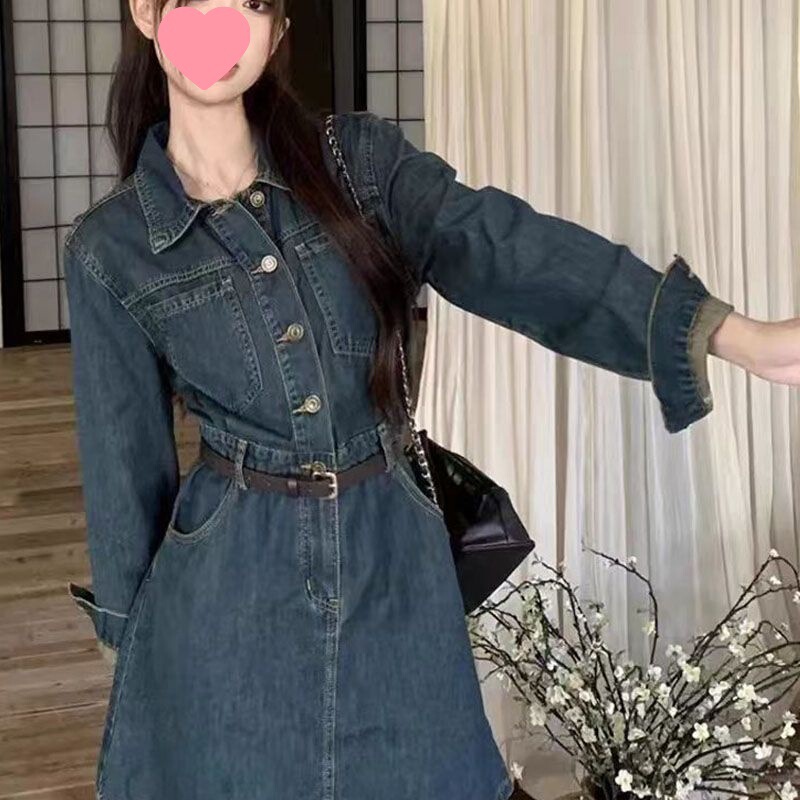 复古连衣裙牛仔初秋长袖连衣裙春秋新款港风时尚收腰显瘦长袖|undefined