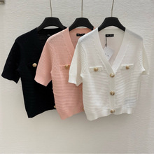 春夏新款金属纽扣V领宽松针织衫女小香轻熟气质中袖薄开衫外套女