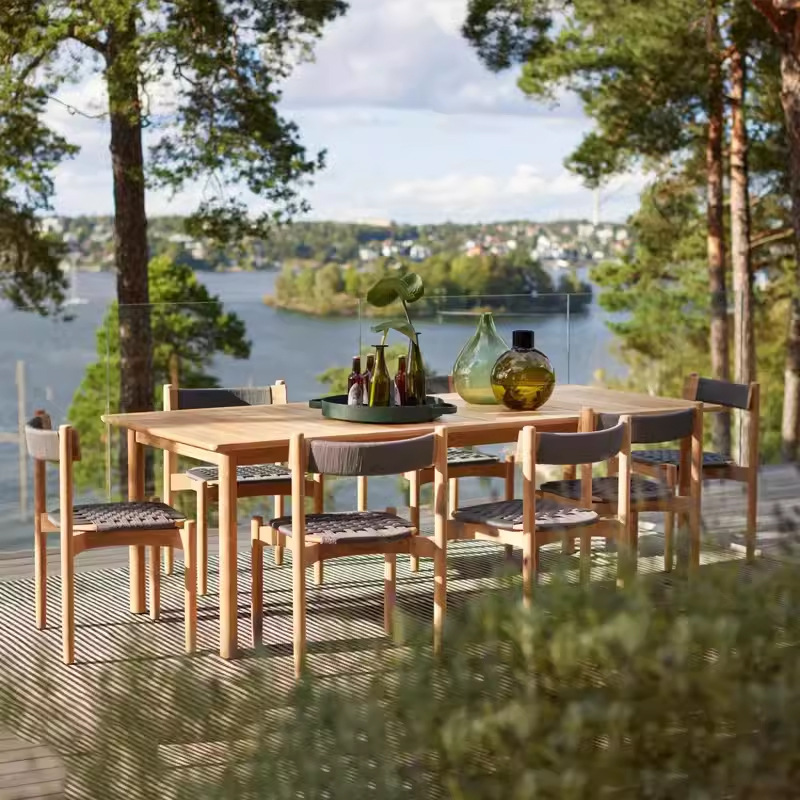 Mesas y sillas de teca al aire libre jardín patio balcón ratán tejido estilo nórdico ocio madera maciza impermeable silla de ratán combinación de tres piezas