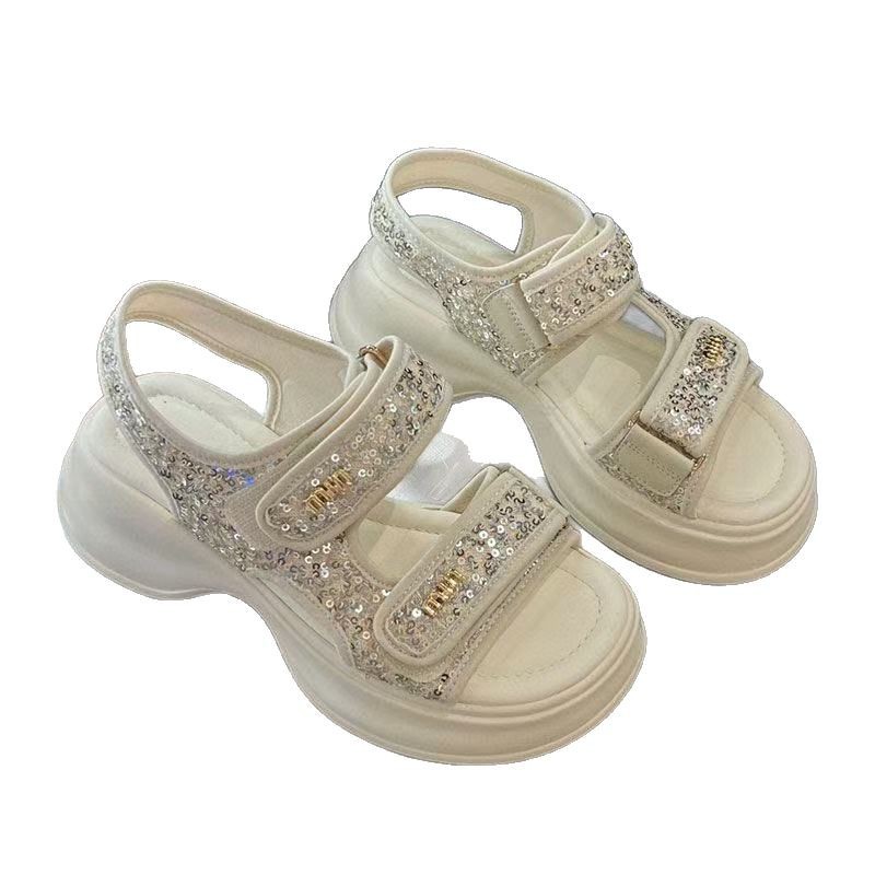 Sandalias deportivas de velcro para mujer 2025 nuevo verano ligero de suela gruesa zapatos romanos de lentejuelas antideslizantes zapatos de playa
