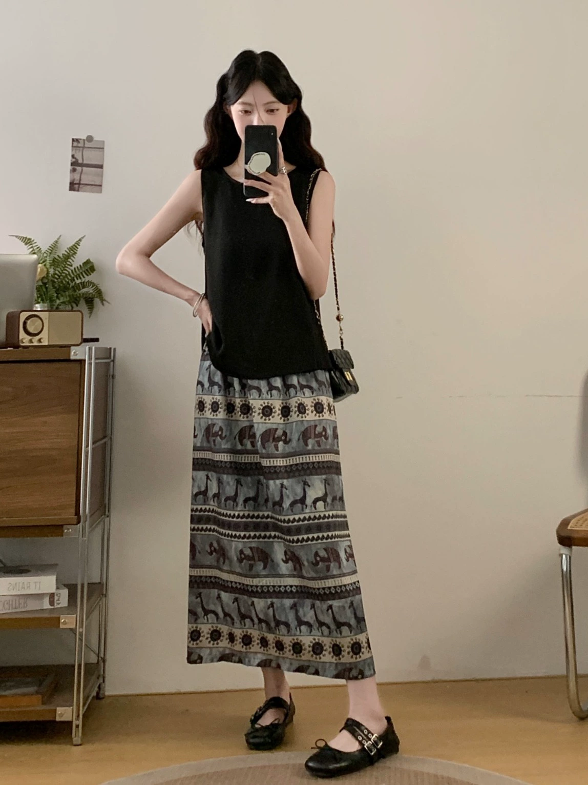 Летний плюс размер fat mm ретро модный тонкий комплект из двух предметов черный жилет без рукавов с принтом и юбкой с разрезом для женщин