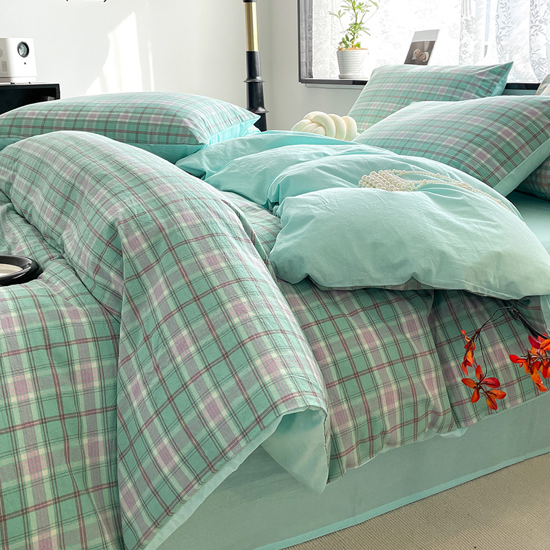 Cama de algodón lavado de algodón de cuatro piezas, sábana de algodón, funda de edredón, dormitorio de estudiantes, ropa de cama de tres piezas, ropa de cama