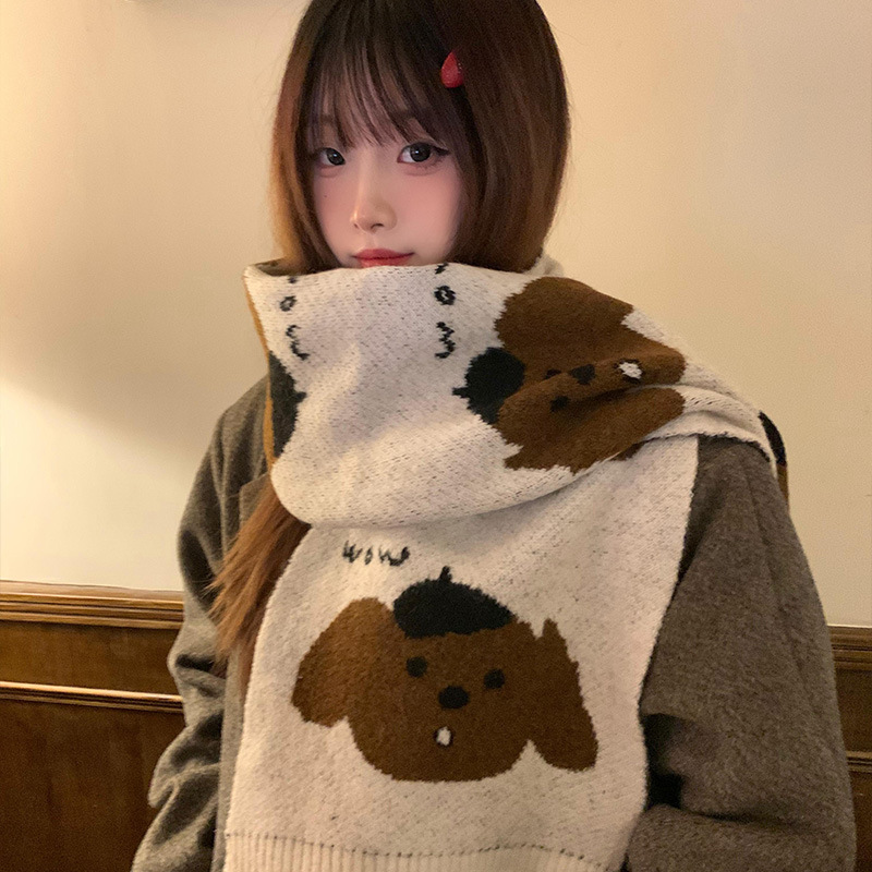 かわいい漫画の子犬ニットスカーフ女性のための 2024 秋と冬の雰囲気厚く暖かい学生カップルスカーフ|undefined
