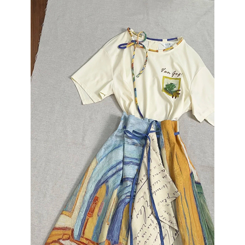 フレンチレトロ文学半袖Tシャツトップス不規則スカートレディース夏ゴッホ油絵風ウェア1|undefined