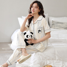 【纯棉】女士睡衣2024年夏季新款卡通熊猫翻领短袖长裤套装家居服